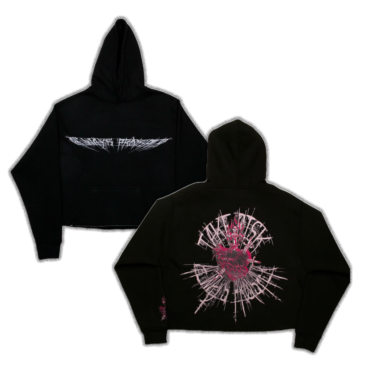 Always Prosper Take Risk hoodie in black, front wing logo and pierced sacred heart back print