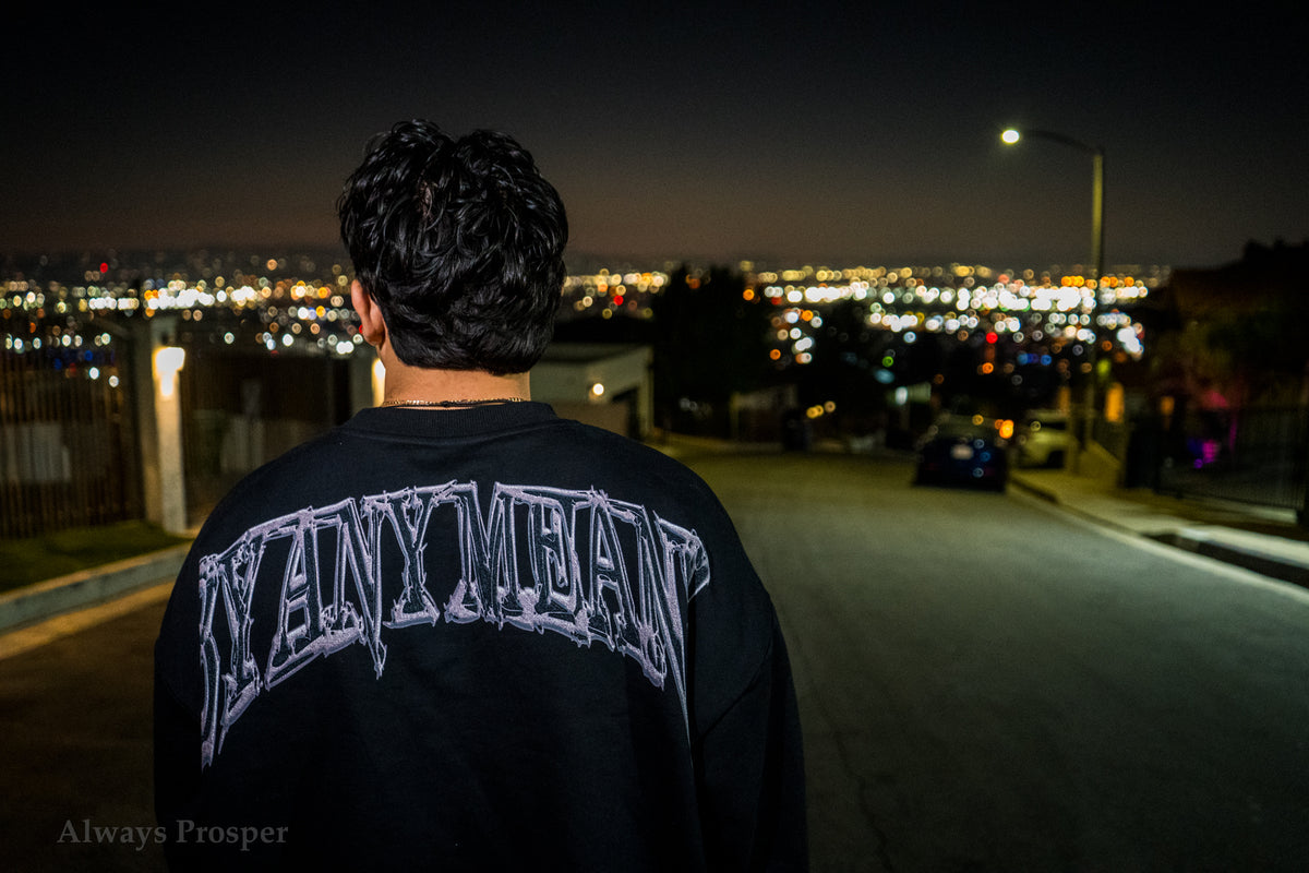 Arched By Any Means back print worn on a hilltop street above the city at night