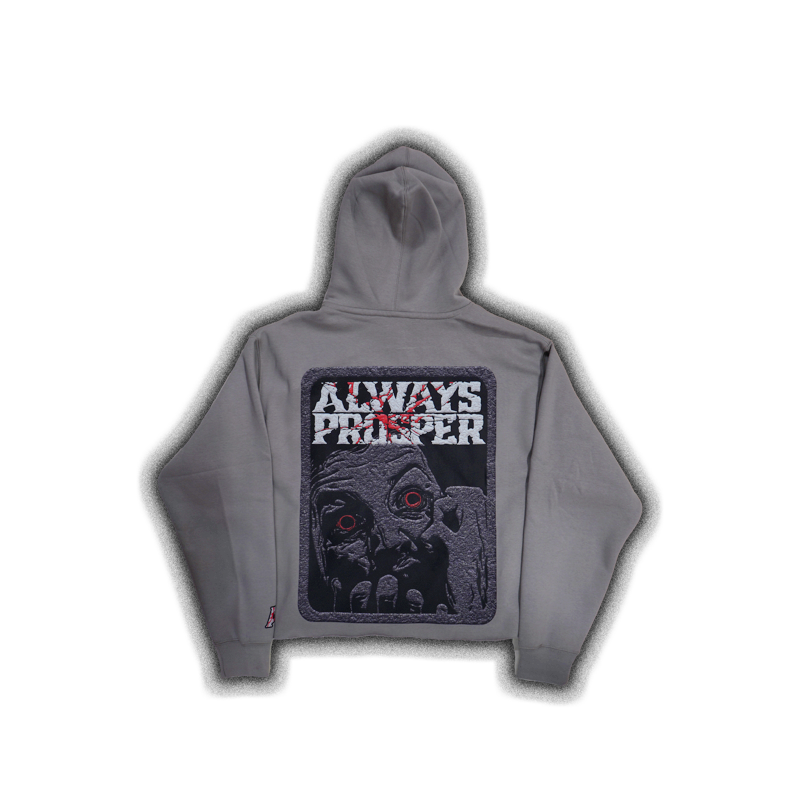 Always Prosper Scream stone grey hoodie, back with the Always Prosper ghoul face patch