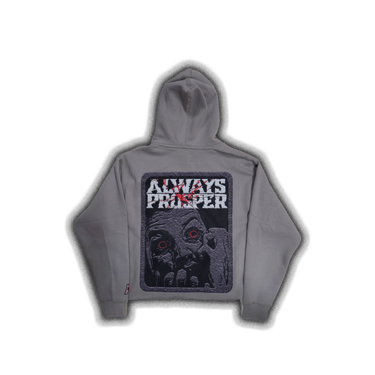 Always Prosper Scream stone grey hoodie, back with the Always Prosper ghoul face patch