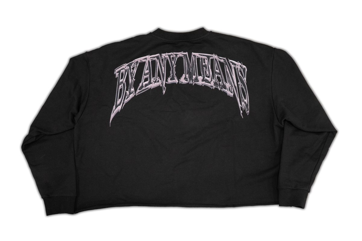 Always Prosper By Any Means black sweater, back with the large arched By Any Means print