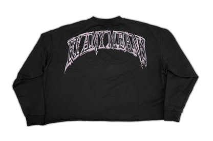 Always Prosper By Any Means black sweater, back with the large arched By Any Means print