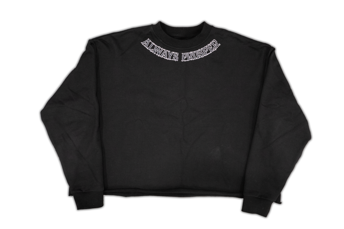 Always Prosper By Any Means black sweater, front with the arched Always Prosper collar print