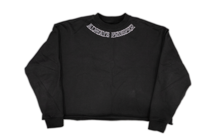 Always Prosper By Any Means black sweater, front with the arched Always Prosper collar print
