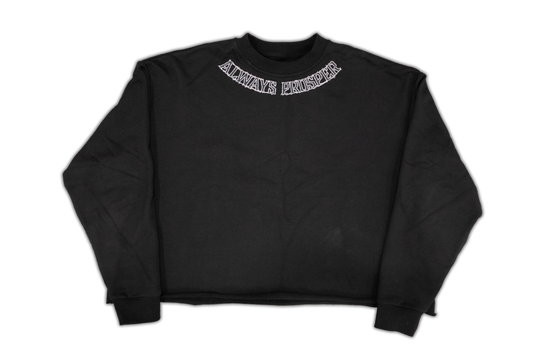 Always Prosper By Any Means black sweater, front with the arched Always Prosper collar print