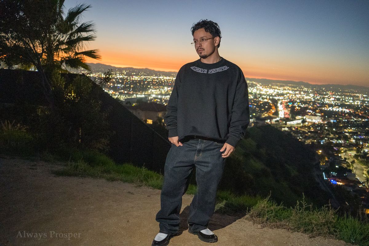 Model wearing the Always Prosper By Any Means black sweater on a hillside above the city at sunset