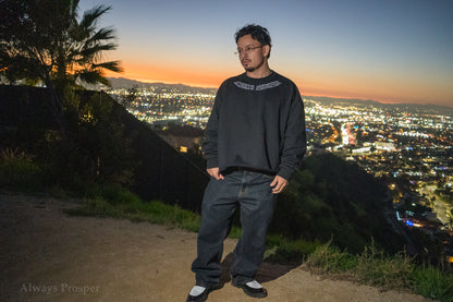 Model wearing the Always Prosper By Any Means black sweater on a hillside above the city at sunset