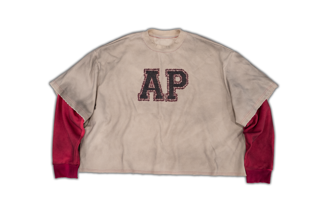 Always Prosper AP University double-panel longsleeve, front with varsity AP letters and oxide pink sleeves