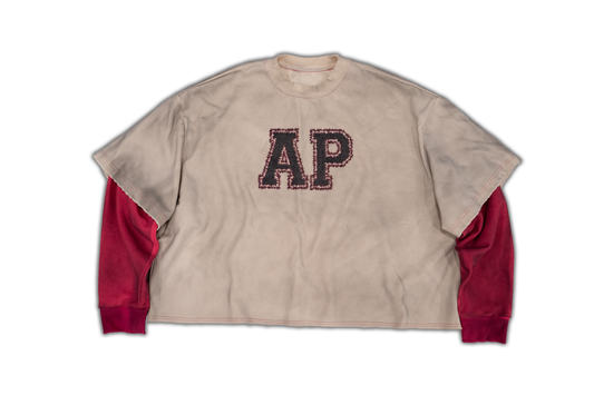 Always Prosper AP University double-panel longsleeve, front with varsity AP letters and oxide pink sleeves