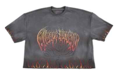 Always Prosper Through the Flames grey tee, front with the flame-script logo and flame-trimmed hem and sleeves