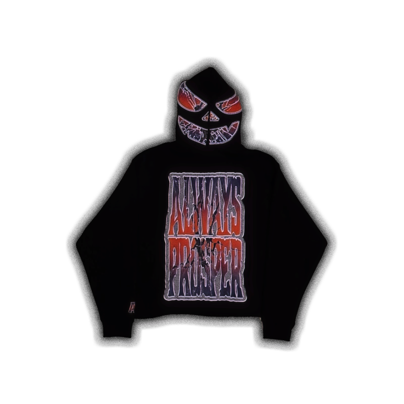 Always Prosper Jack-O-Lantern black hoodie with the carved pumpkin face printed across the hood and the stacked logo on the chest