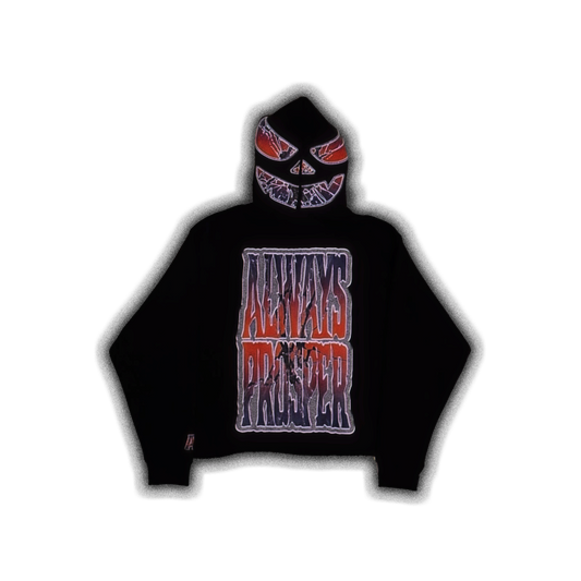 Always Prosper Jack-O-Lantern black hoodie with the carved pumpkin face printed across the hood and the stacked logo on the chest