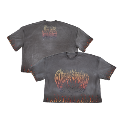 Through the Flames sun-washed grey tee from the Always Prosper Collection Bundle, front and back with flame-trimmed hem
