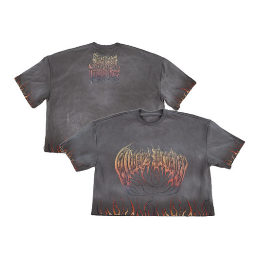 Through the Flames sun-washed grey tee from the Always Prosper Collection Bundle, front and back with flame-trimmed hem