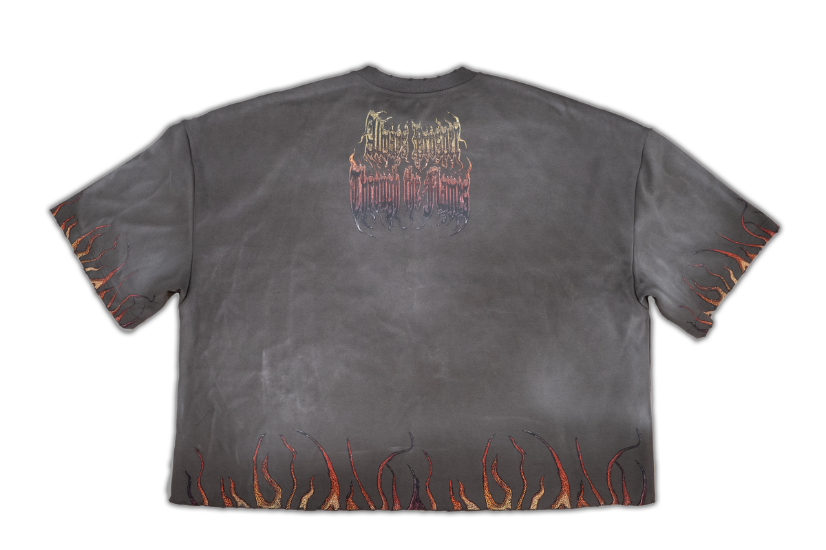 Always Prosper Through the Flames grey tee, back with the flame logo at the shoulders and flame-trimmed hem