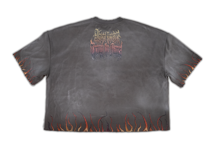 Always Prosper Through the Flames grey tee, back with the flame logo at the shoulders and flame-trimmed hem